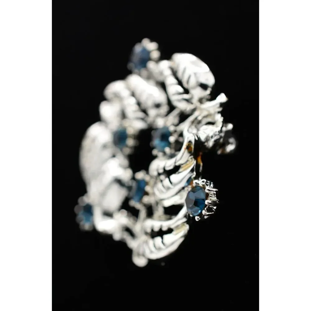 Vintage Crystal Leaf Wreath Pin Blue Rhinestone Silver Tone Heavy 1980s BinAT